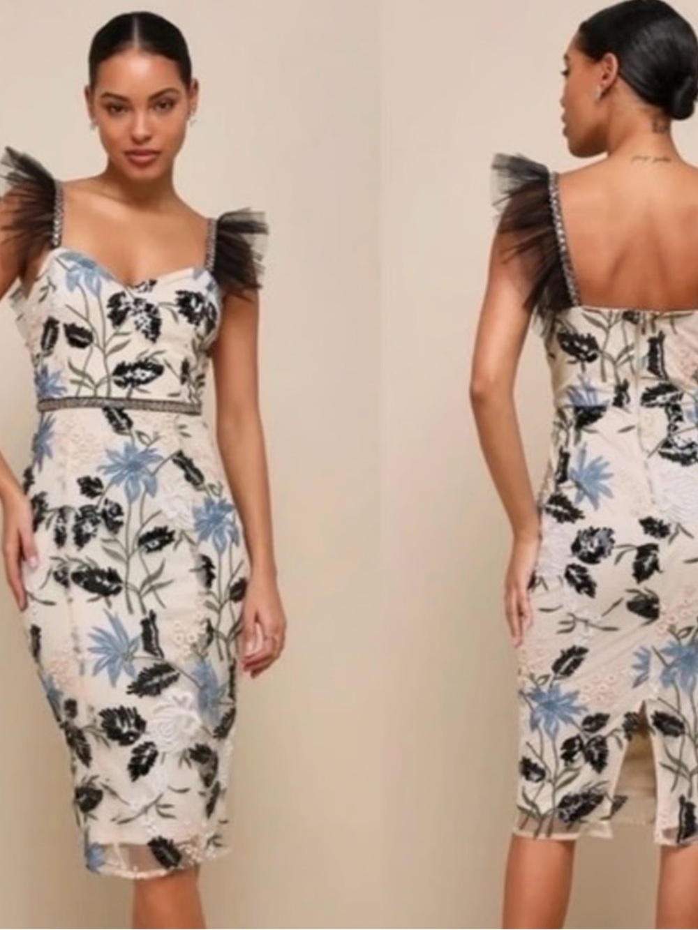 Lulus Floral Lace Midi Dress with Black Tulle Straps - Blue/White sequence Sm
